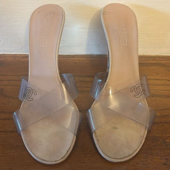 Vintage Chanel Clear PVC Cross-Strap Mule Sandals with Lucite Heel 38 - Picture 2 of 8